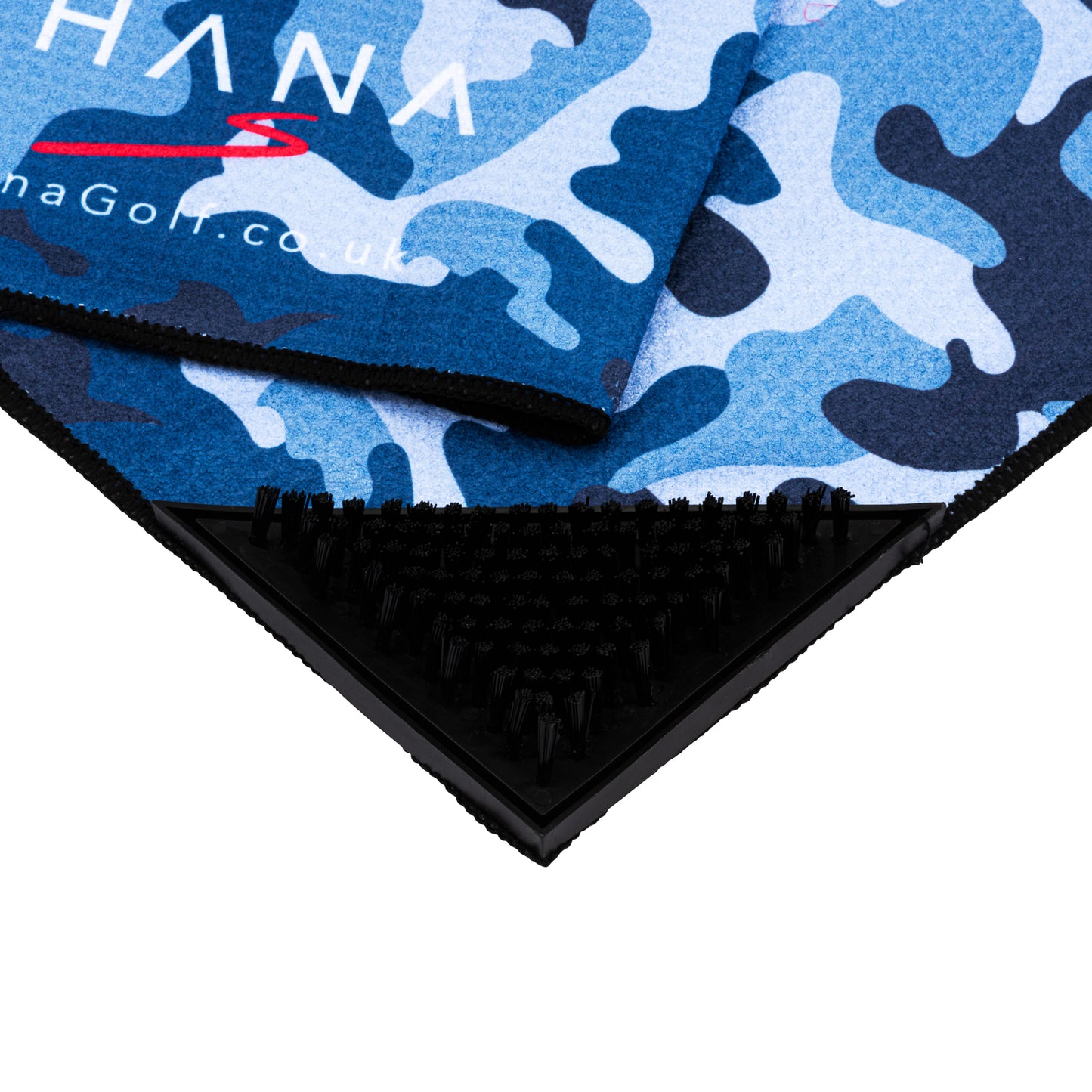 Blue Camo Microfibre Golf Towel with Built-in Brush