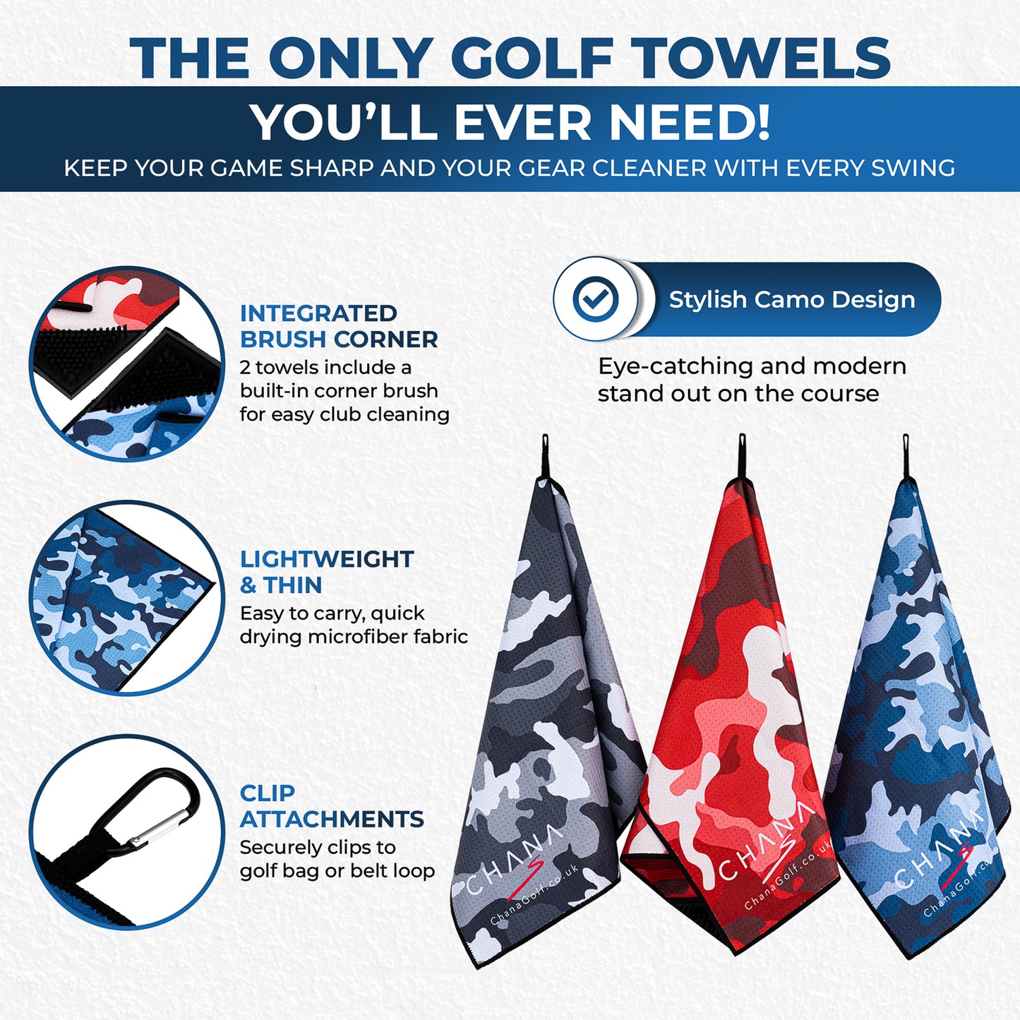 Red Camo Microfibre Golf Towel with Built-in Brush