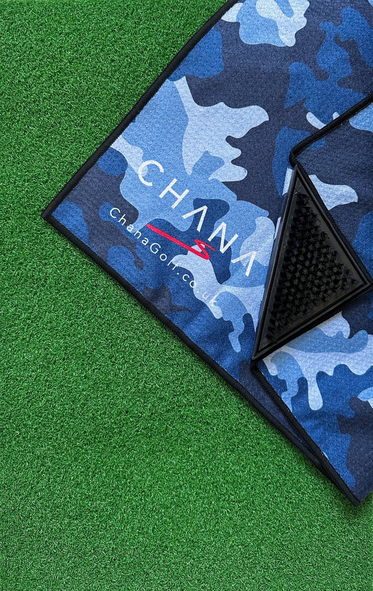 Blue Camo Microfibre Golf Towel with Built-in Brush