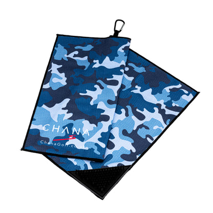 Blue Camo Microfibre Golf Towel with Built-in Brush