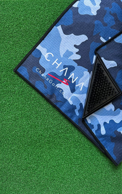 Blue Camo Microfibre Golf Towel with Built-in Brush